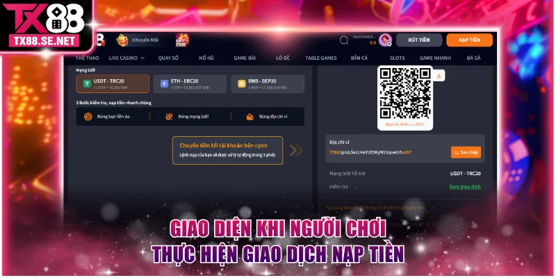 Giao diện khi người chơi thực hiện giao dịch nạp tiền